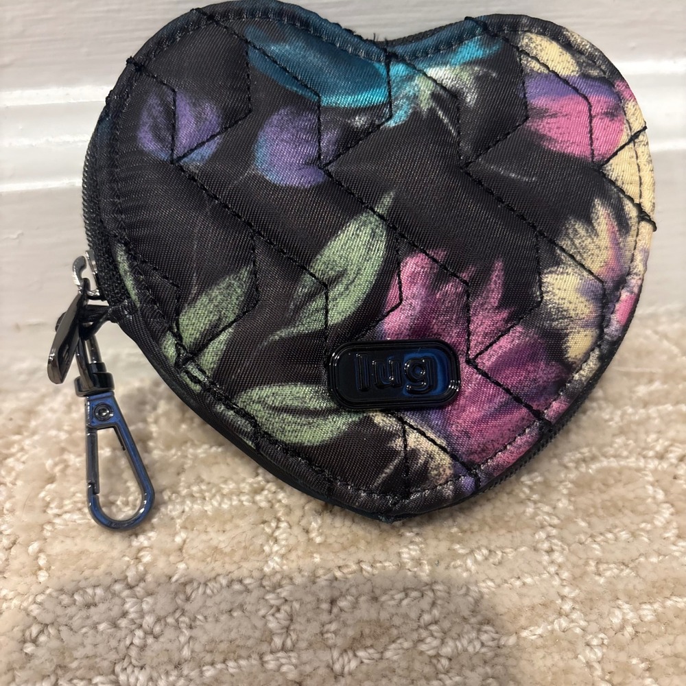 Lug Heart Shaped Quilted Fabric Coin Pouch Purse Bag Purple Floral Clip NWOT